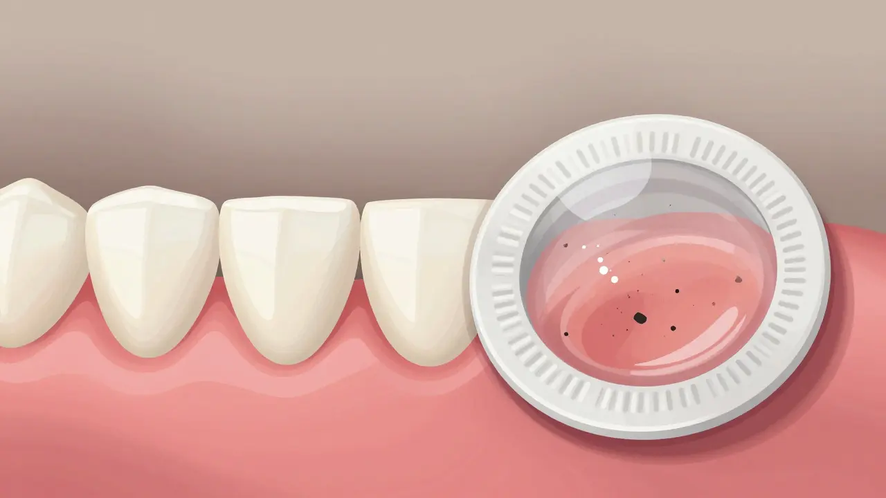 Kofferdam jako bariéra blokuje sliny a jazyk, umožňuje čisté a suché plombování zubu.