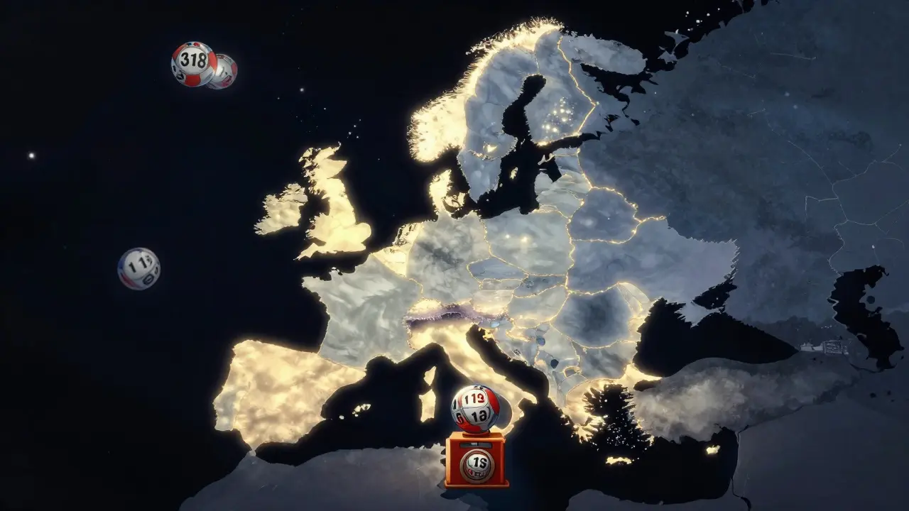 Mapa Evropy s 18 zeměmi a letícími čísly Eurojackpot v ovzduší.