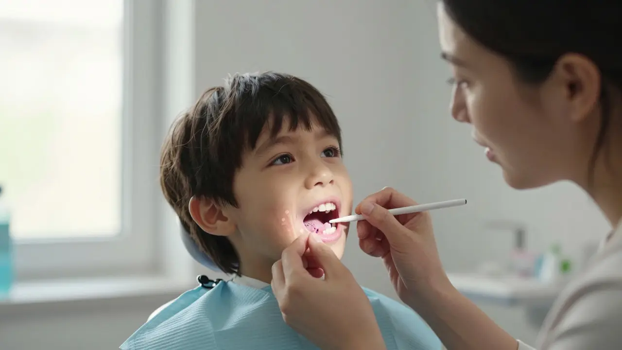 Matka pečlivě prozkoumává zuby svého dítěte při přirozeném světle, v ruce drží lékařský záznam.