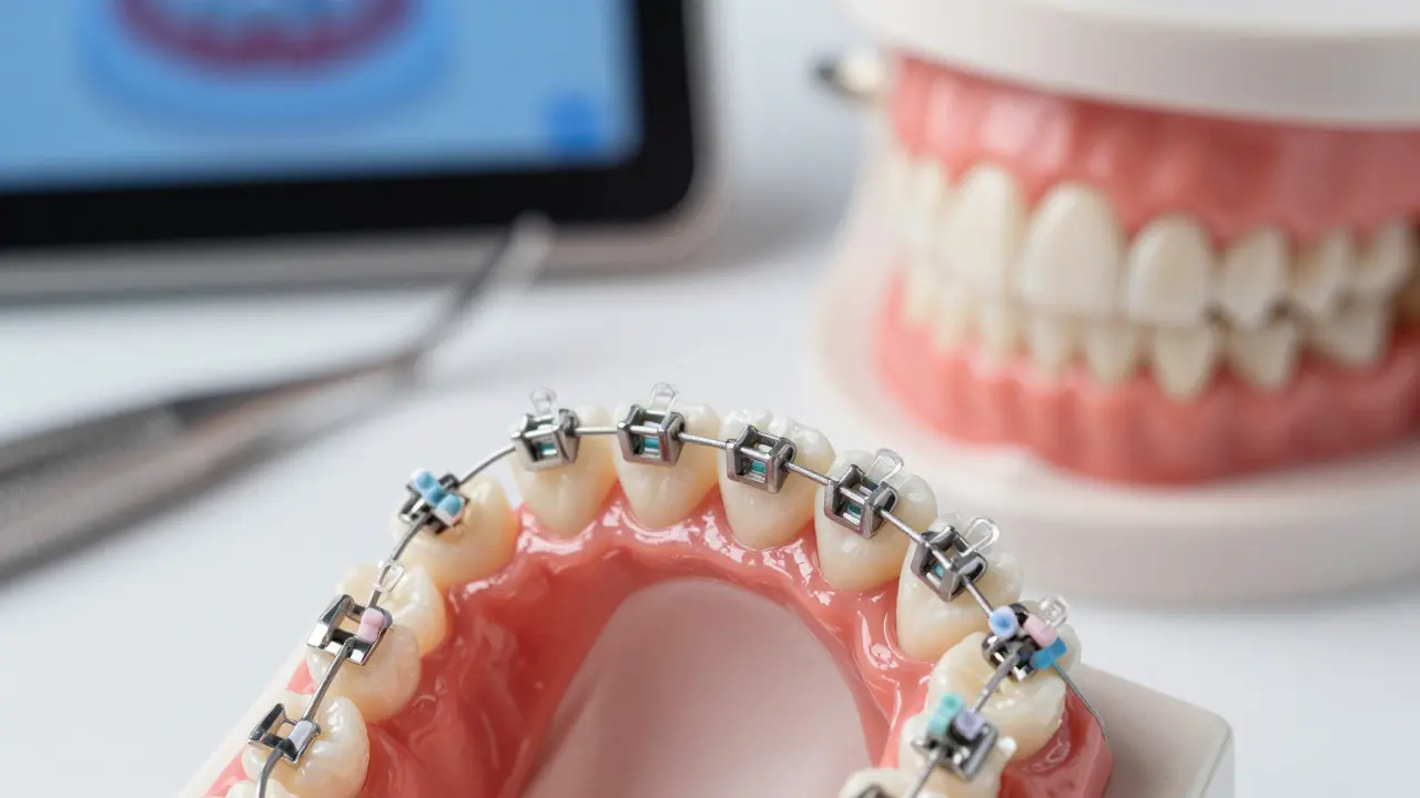 Metal wire threaded through brackets with colored elastics