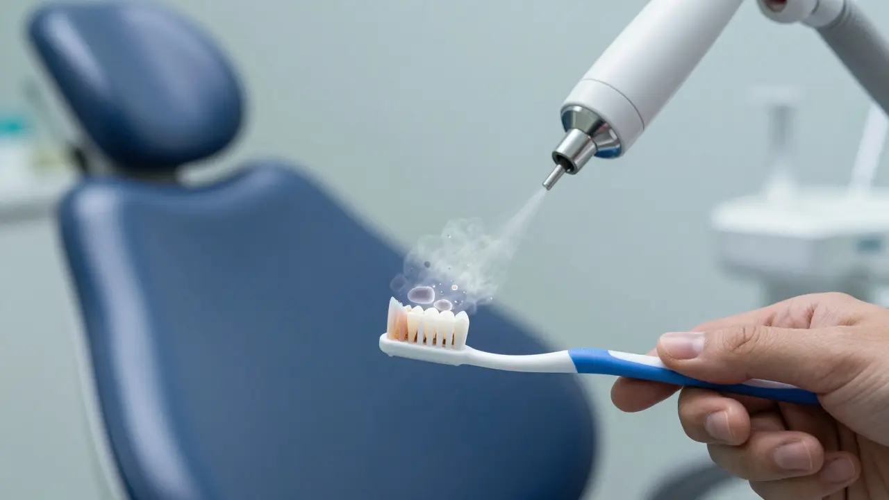 Microscopic view of plaque dissolving into mist during professional teeth cleaning with air abrasion.