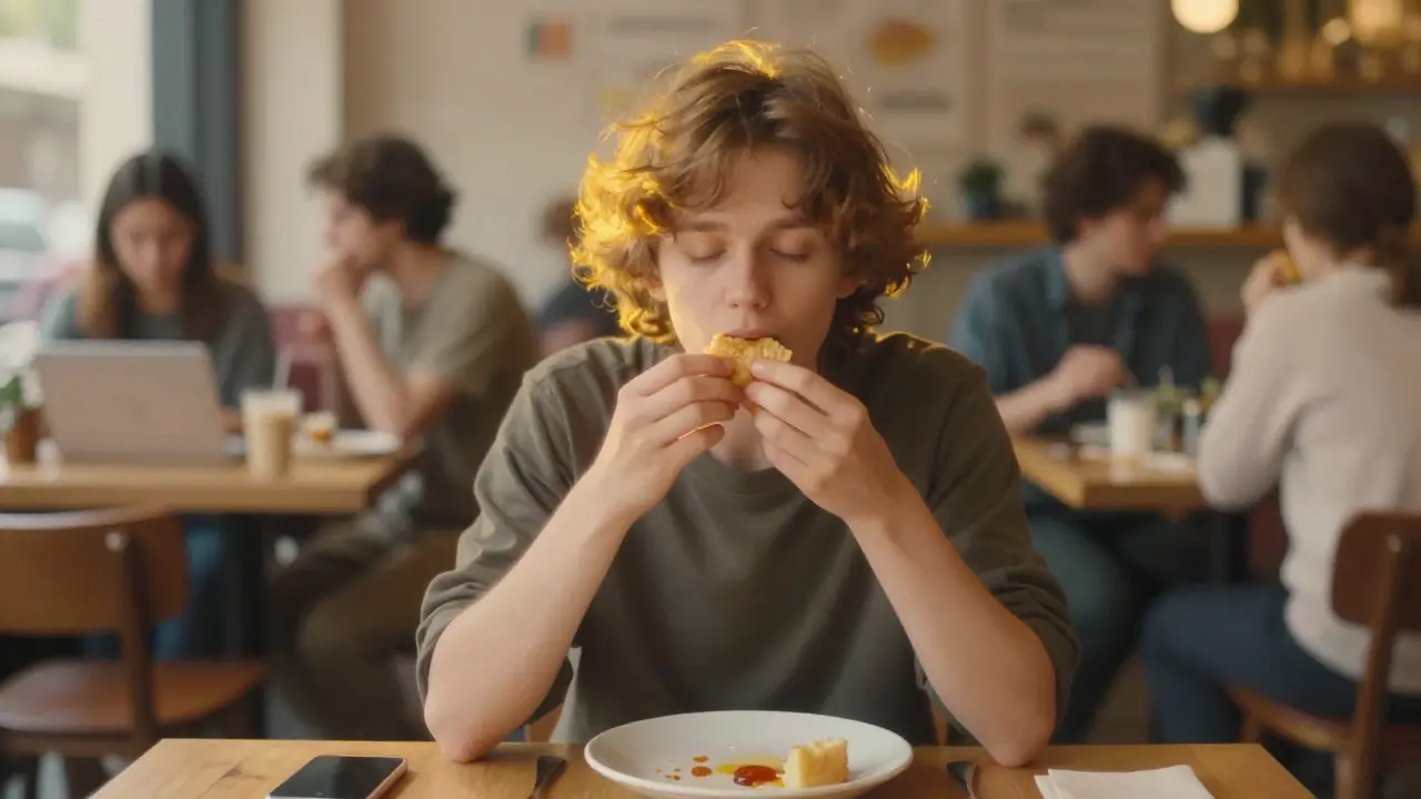 Osoba pomalu žvýká jídlo v klidu, kolem ní jsou rozbité prvky rychlého života.