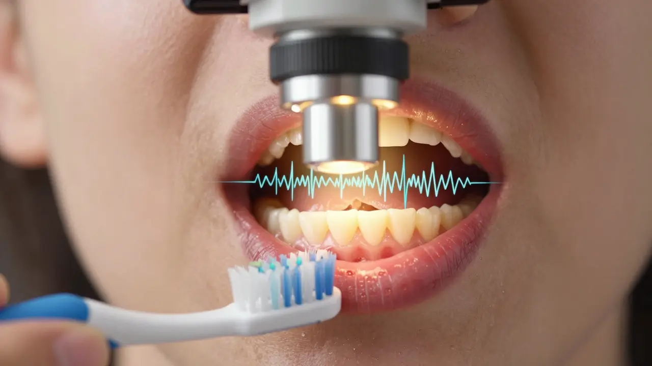 Pod mikroskopem se sonické vlny rozkládají plak, zatímco dásně regenerují — zničený ruční kartáček v pozadí.