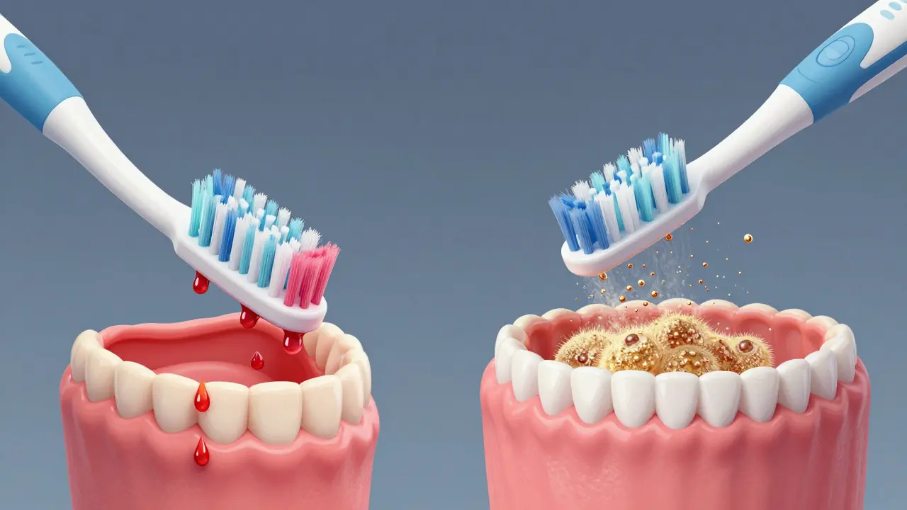 Porovnání agresivního ručního kartáčku a jemného sonického kartáčku na dásních s viditelným rozdílem v zdraví.