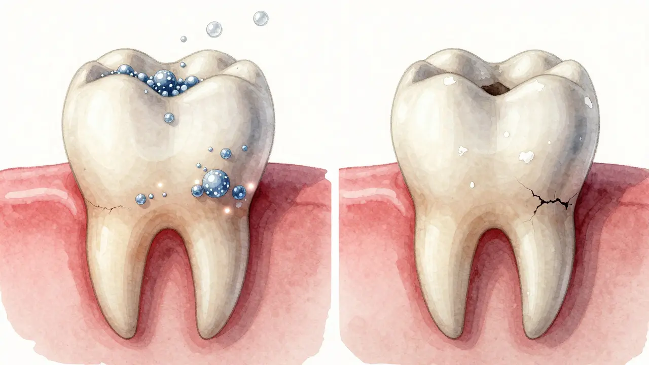 Porovnání zdravého a poškozeného zubu s bílými skvrnami a mikrotrhlinami.