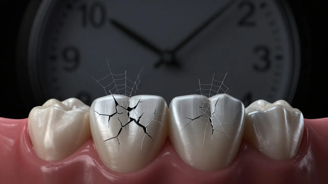 Přední zuby s mikrotrhlinami a stín čelisti v nočním režimu.