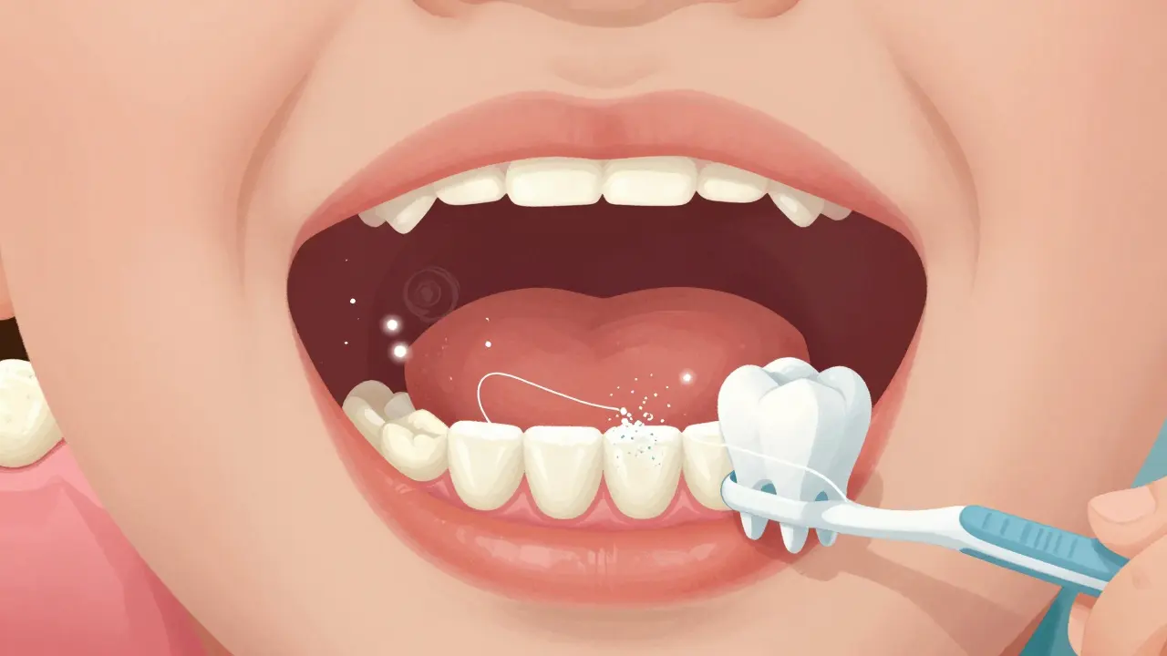Přehled vnitřní struktury dítěteho úst s vznikajícím zubním kamenem a bakteriemi.