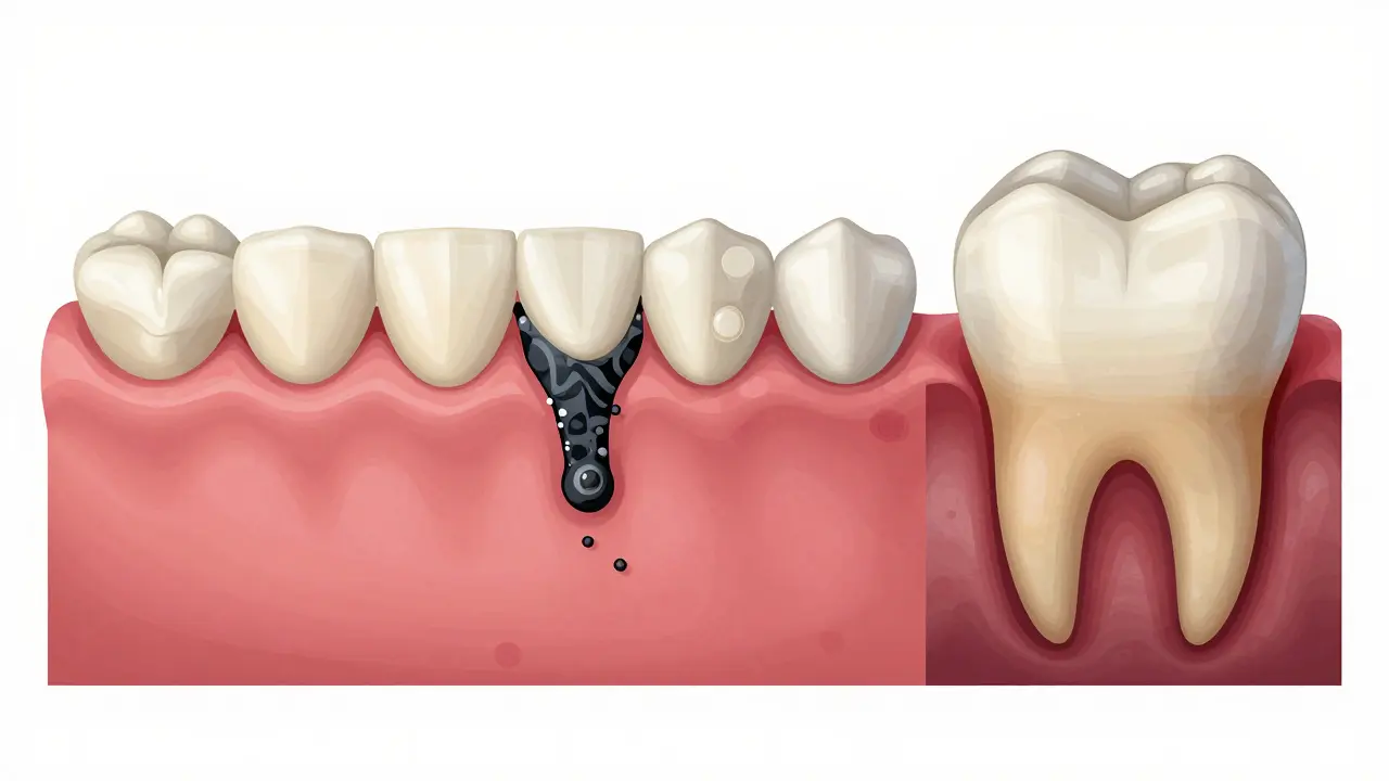 Progression of plaque turning into tartar and causing gum inflammation and tooth loss.