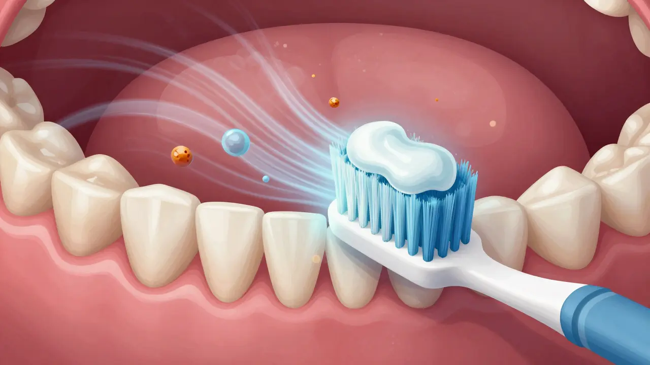 Průřez úst s sonickými vlnami čistícími plak a zbytky jídla mikroproudy.