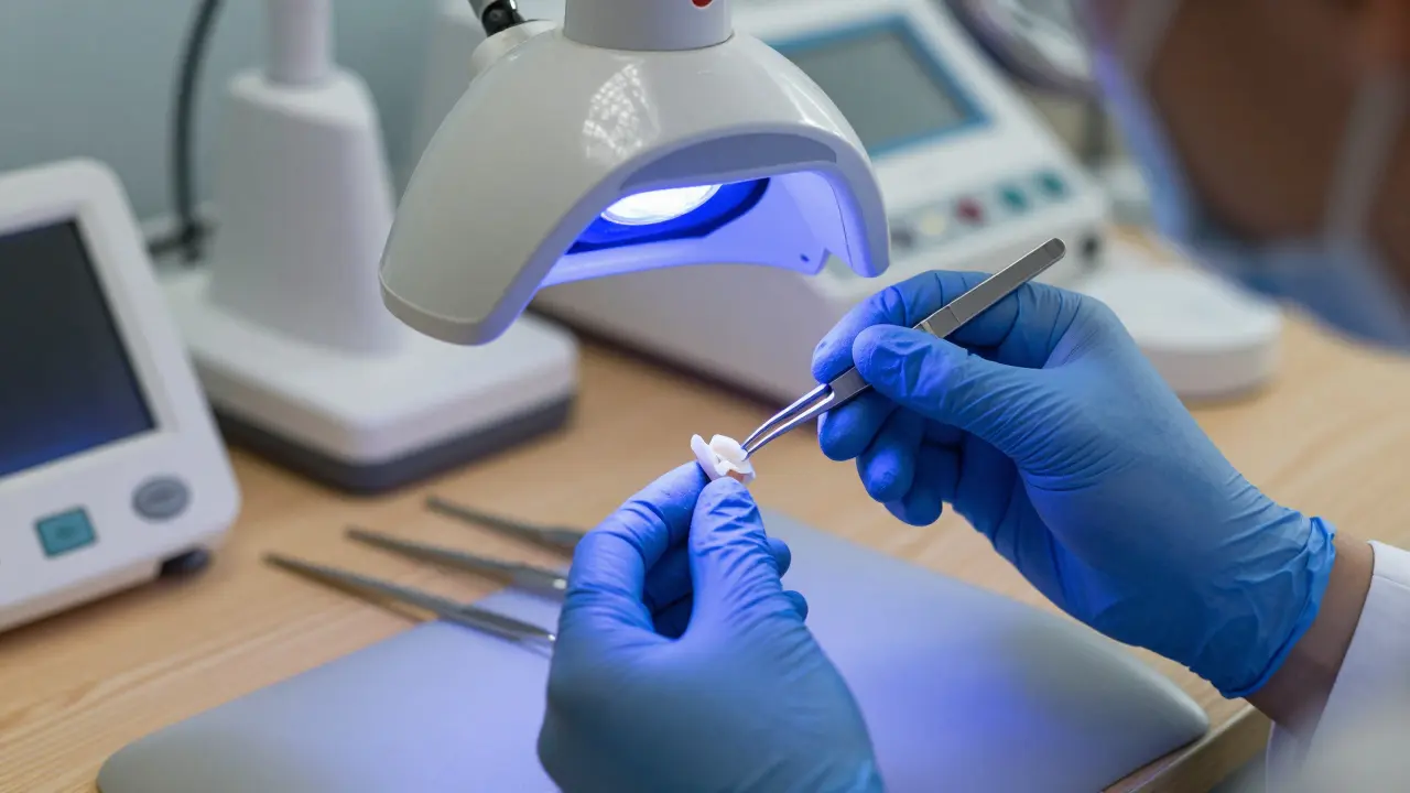 Rukavečka technika upravuje keramickou zubní protézu.