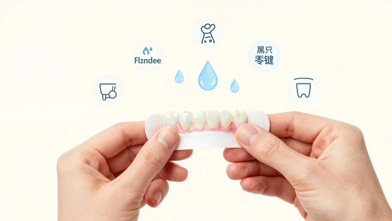 Ruky odstraňují přebytečný gel z podrážděných dásní při domácím bělení.