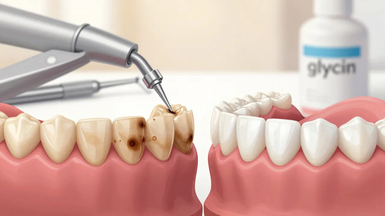 Side-by-side comparison of stained teeth and clean teeth after air abrasion treatment.