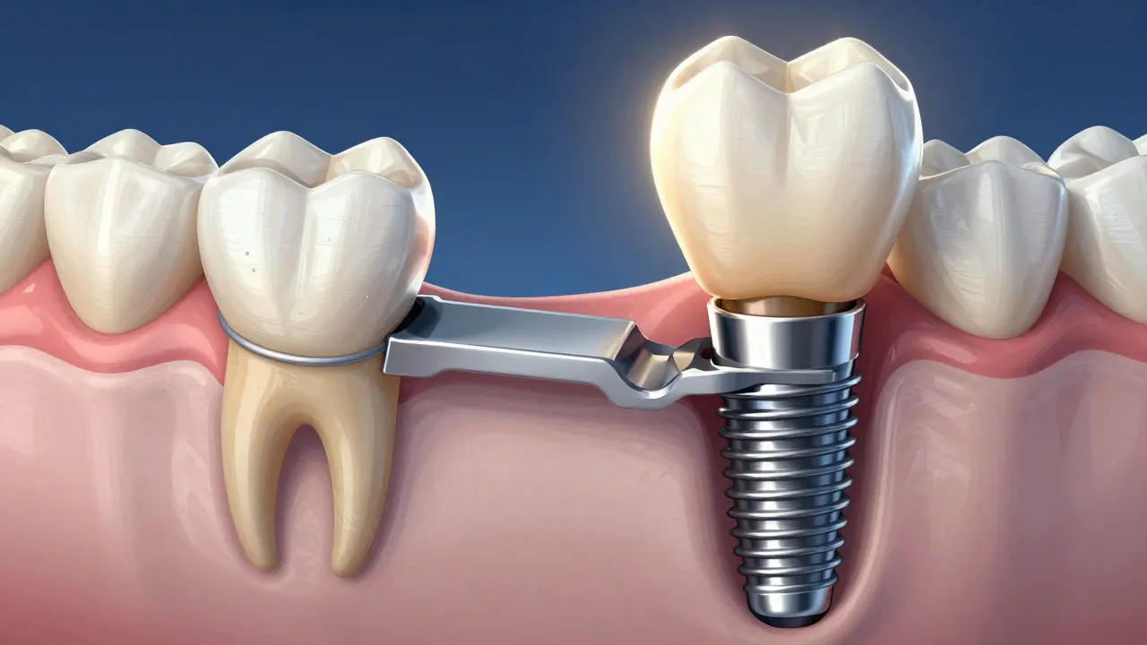Side-by-side illustration of a dental bridge damaging neighboring teeth versus an implant preserving jawbone structure.