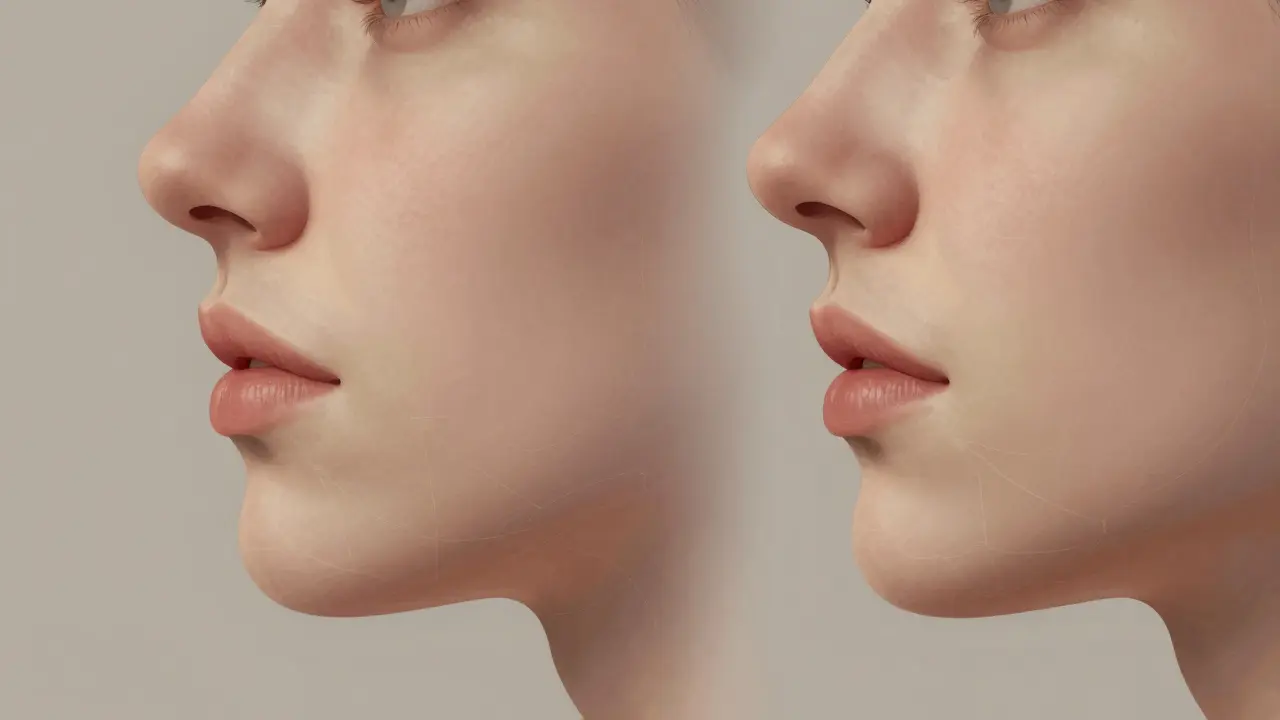 Stranový pohled na tvář před a po ortodontické léčbě s viditelným vylepšením čelisti a brady.