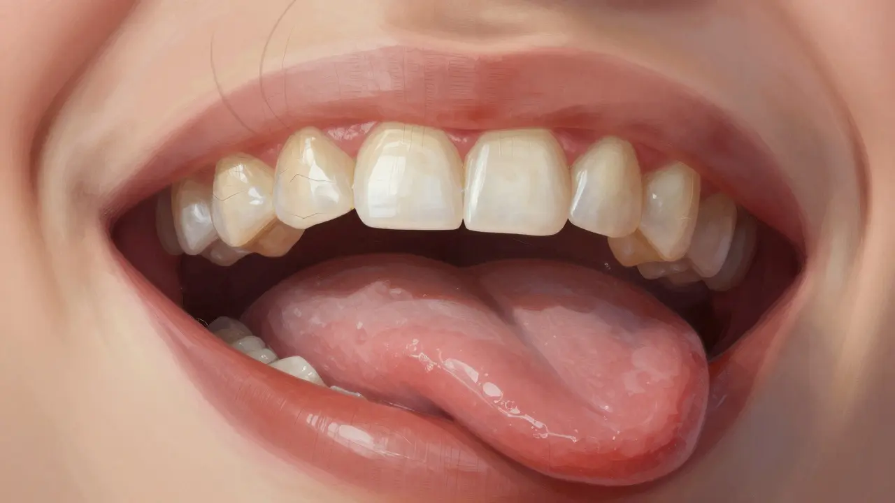 Stručný náčrtek zubů tlačících na jazyk a praskliny v emalí předních zubů.