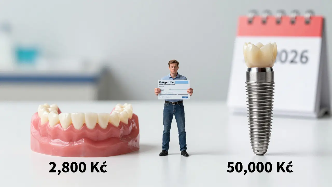 Váha mezi levnou protézou a drahým implantátem, s člověkem, který se rozhoduje, zatímco za ním je kalendář s rokem 2026.