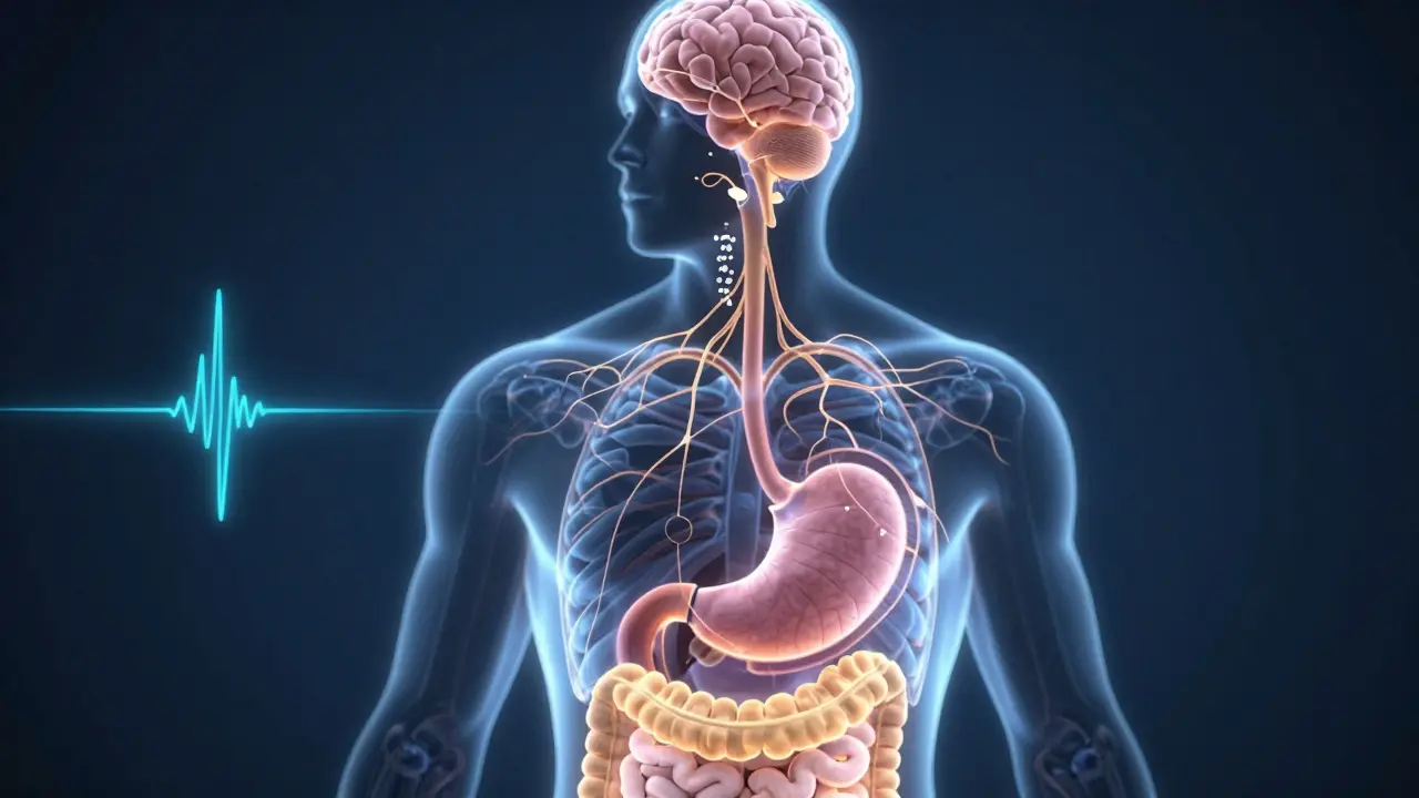 Vědecká ilustrace ukazuje signály mezi mozkem a trávicím systémem při předkusu.