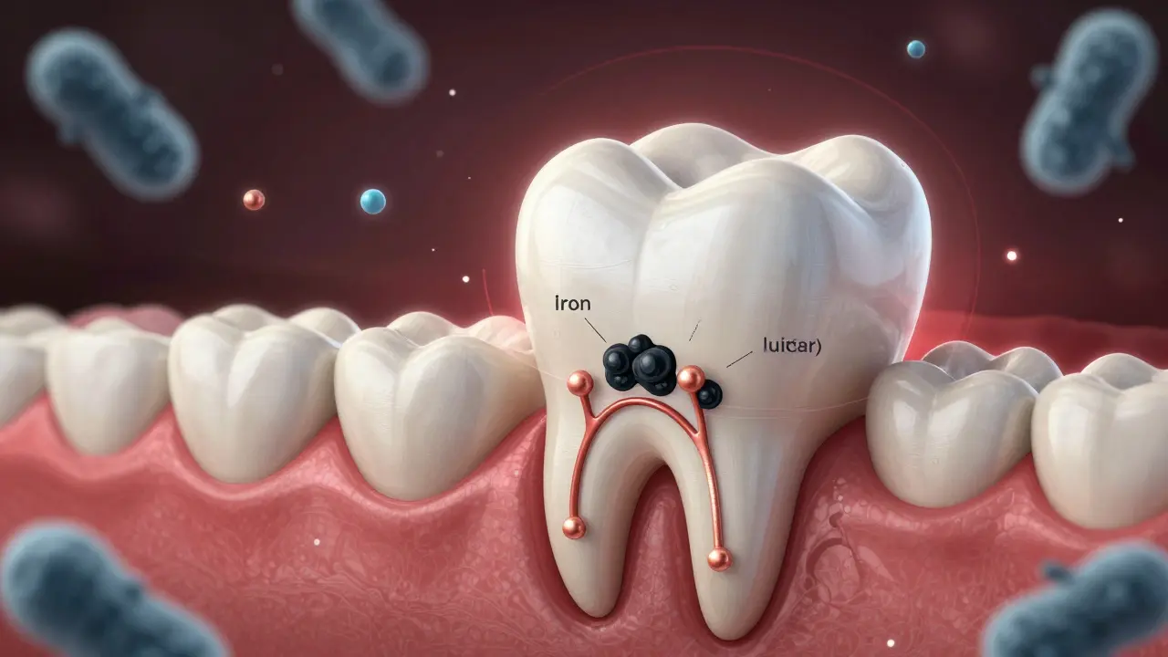Vnitřní struktura vzniku černého zubního kamene z minerálů a bakterií.