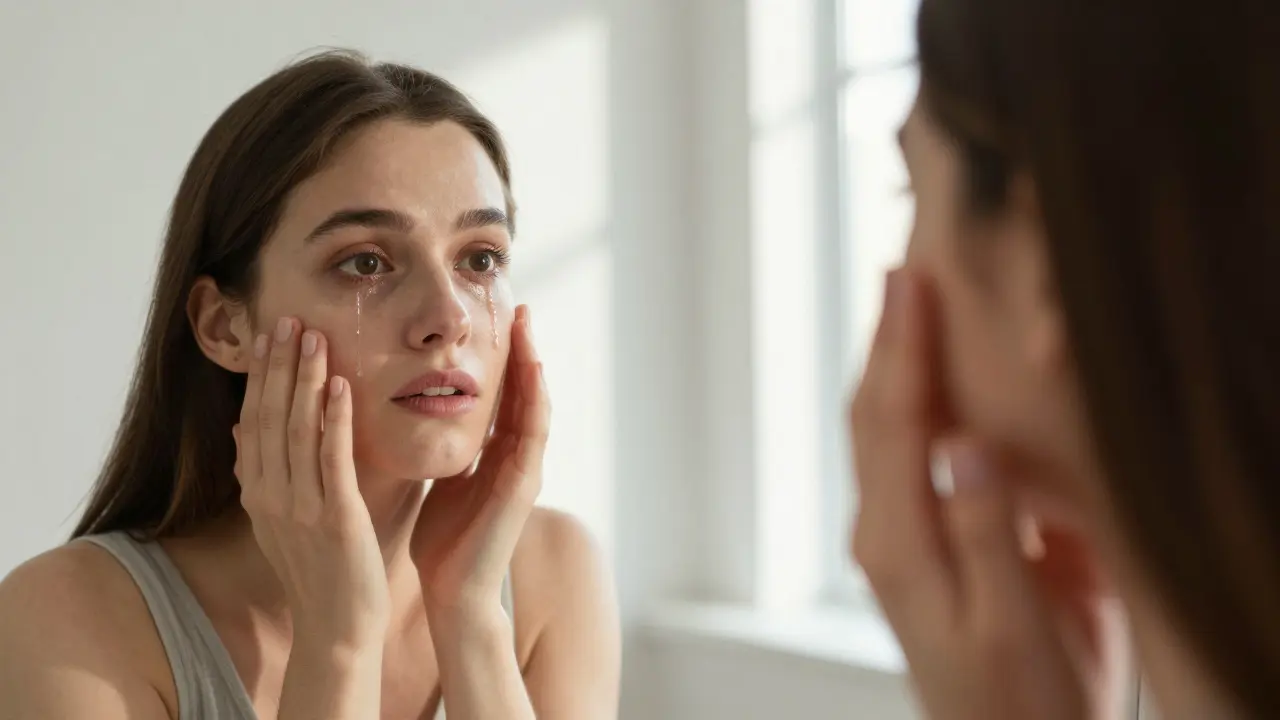 Žena se dívá do zrcadla a dotýká se tváře, její odraz ukazuje výraznější čelist a vyvážený obličej.