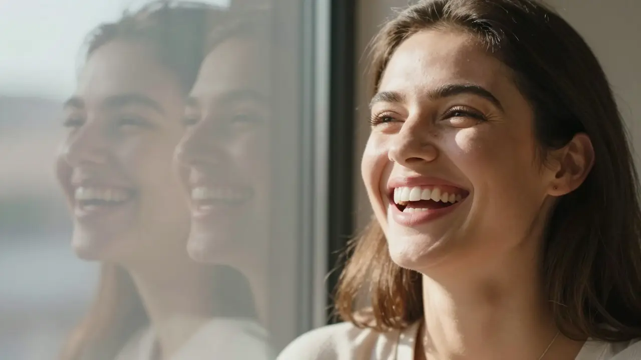 Žena se směje, její přední zuby září přirozeným světlem, za ní se vysvítají dvě verze jejího úsměvu.