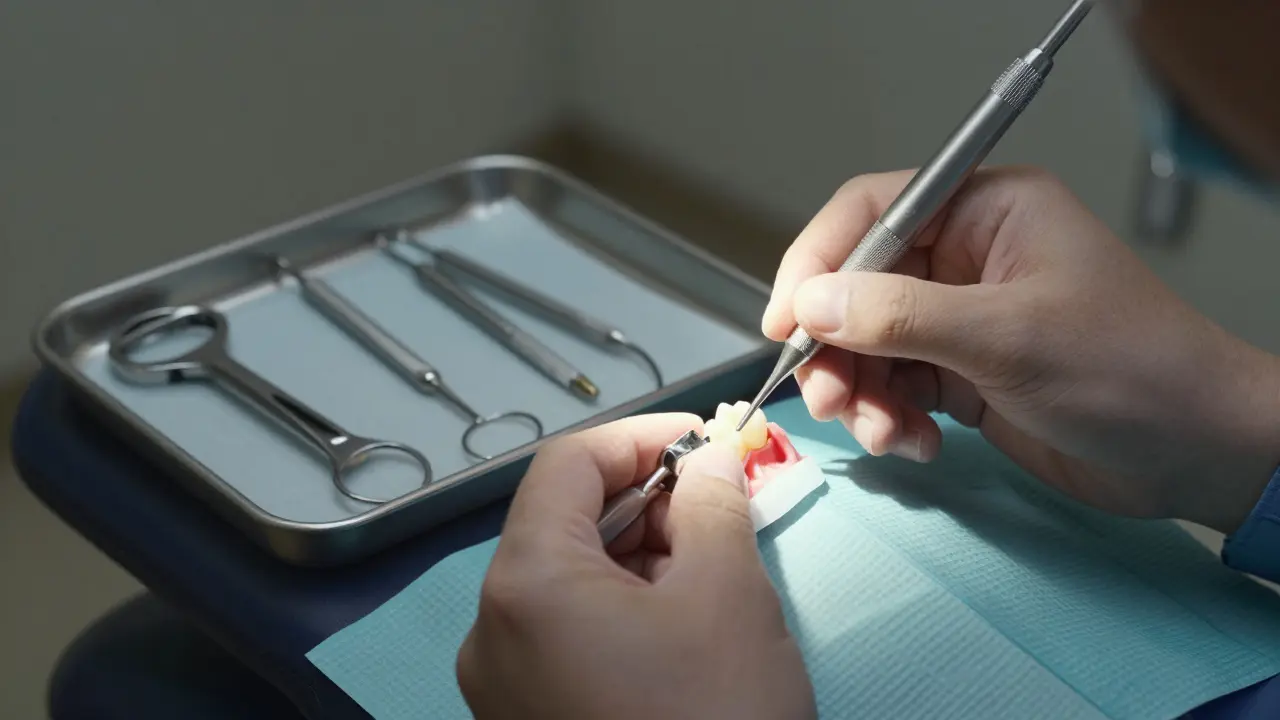 Zubní lékař nasazuje metalokeramickou korunku na připravený zub v klinice.