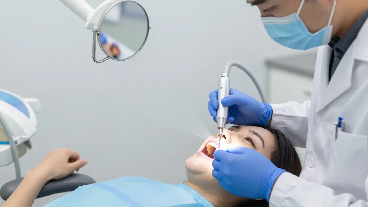 Zubní lékař odstraňuje černý zubní kámen ultrazvukovým skraperem v klinice.