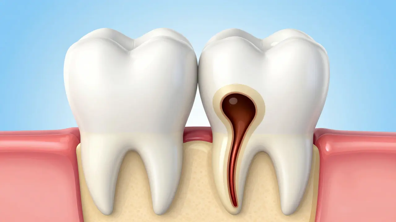 3D ilustrace průřezu dětským zubem ukazující postup mezizubního kazu k nervu.