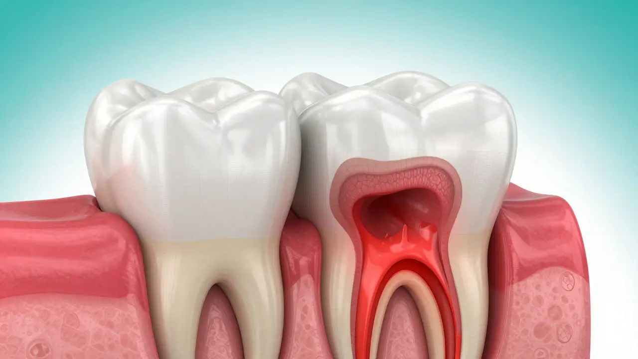3D průřez zubu znázornující kazu a zánět zubní pulpy v červené barvě.