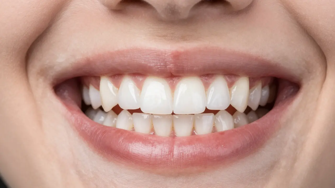 Detail harmonického úsměvu s kombinací zubního mostu a keramických fazet.