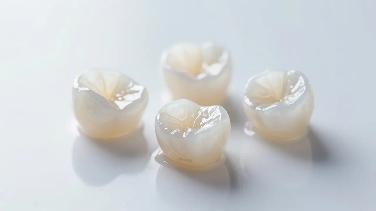 Detail porcelánových fazet s přirodnou průsvitností na bílém povrchu.