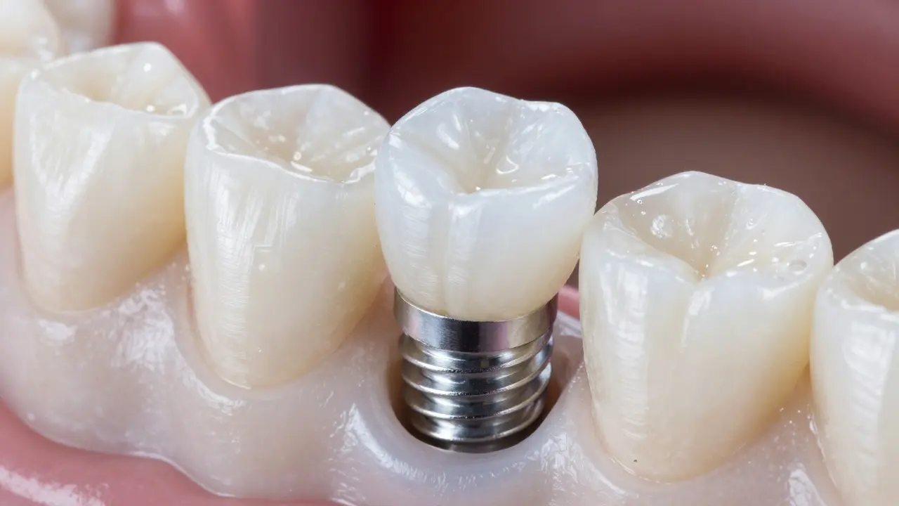 Detail titanového implantátu s keramickou korunkou z zirkonoxidu.