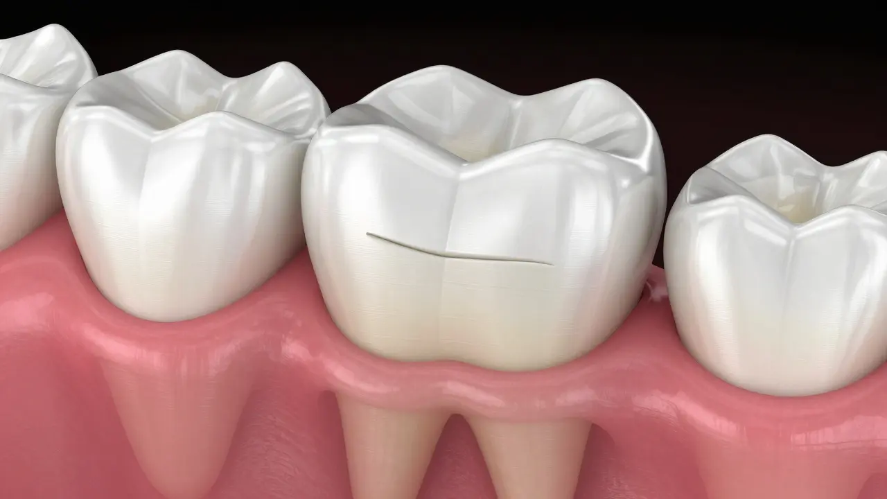 Detailní 3D model zubu s ukázkou klínovitého defektu u dásně.