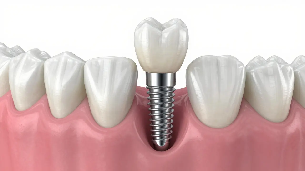 Detailní medicínská vizualizace titanového zubního implantátu v čelistní kosti.