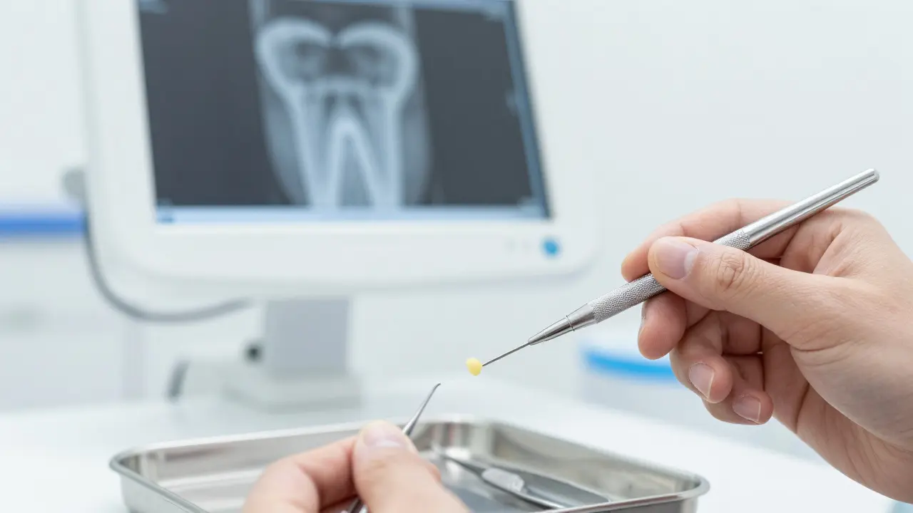 Klinické detailní záběry na nástroje pro ošetření kořenových kanálků.