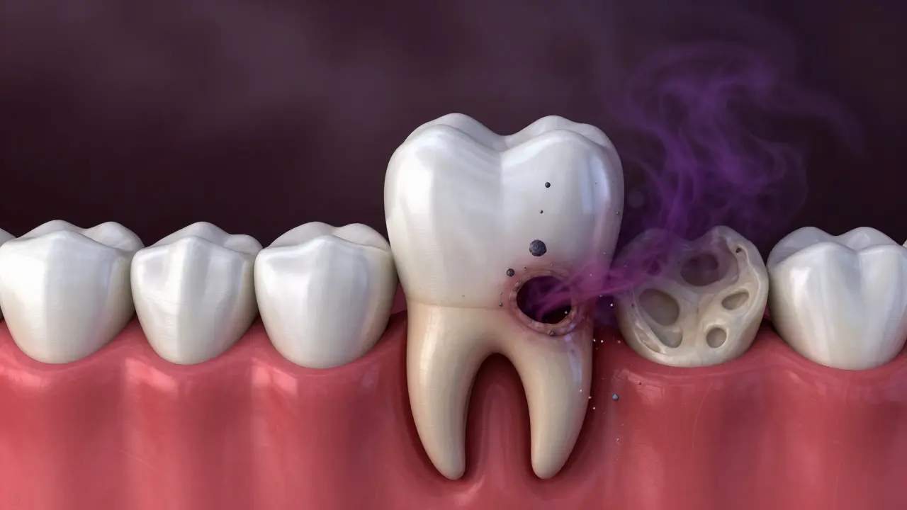 Koncepční zobrazení zánětu dásní a úbytku kosti způsobeného paradontózou.