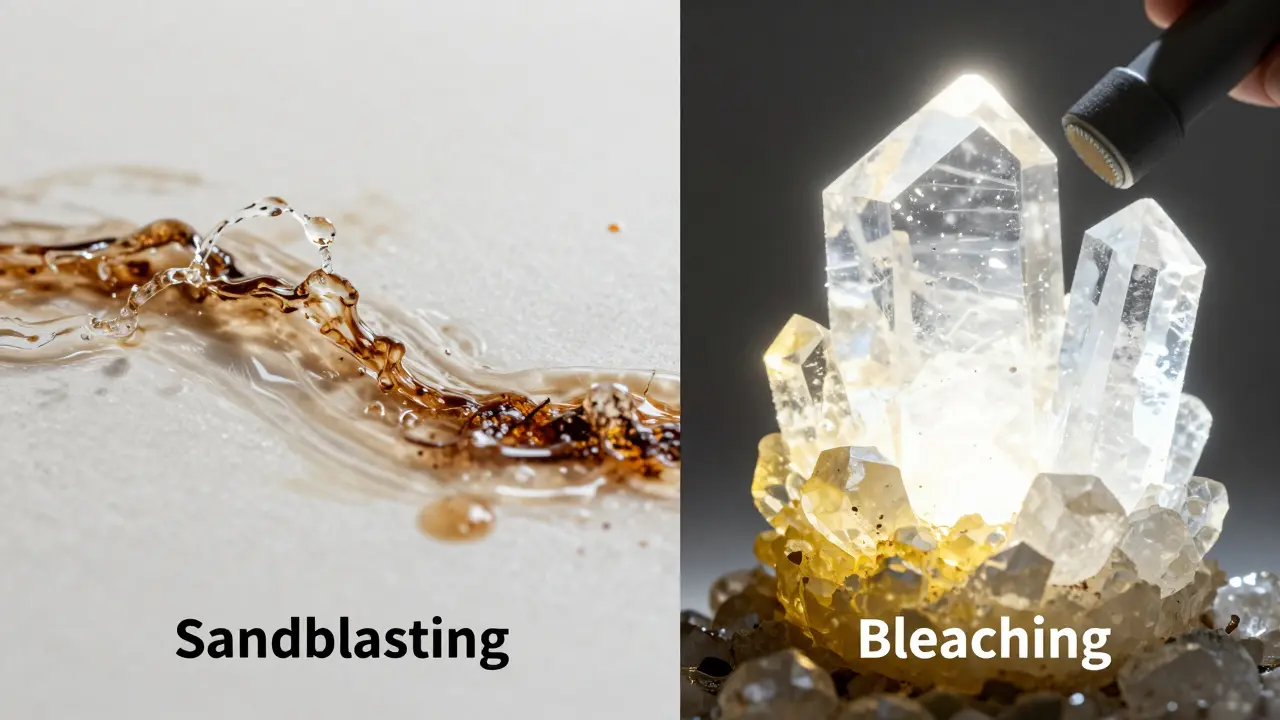 Konceptuální srovnání mechanického pískování a chemického bělení zubů.