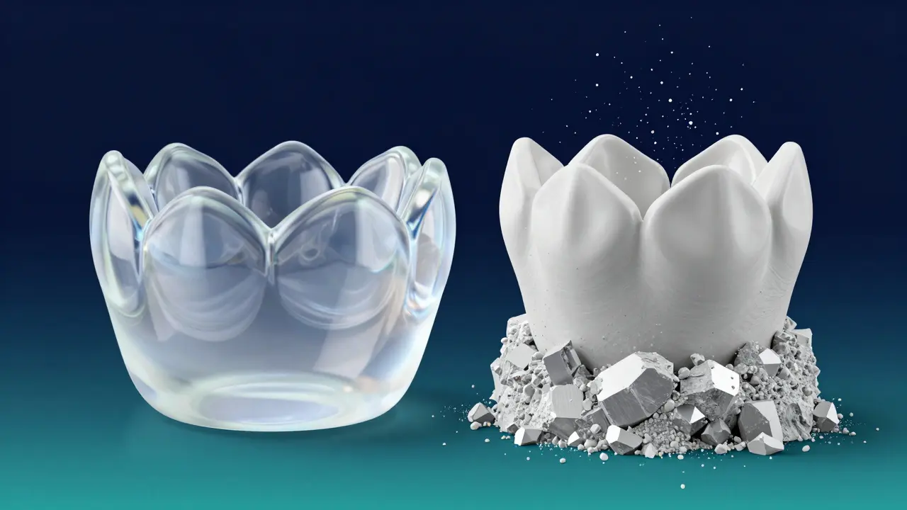 Konceptuální zobrazení estetiky e-maxu a pevnosti zirkonia