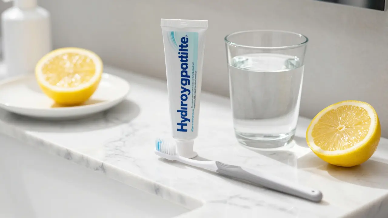 Měkký kartáček a hydroxyapatitová pasta na mramorové desce