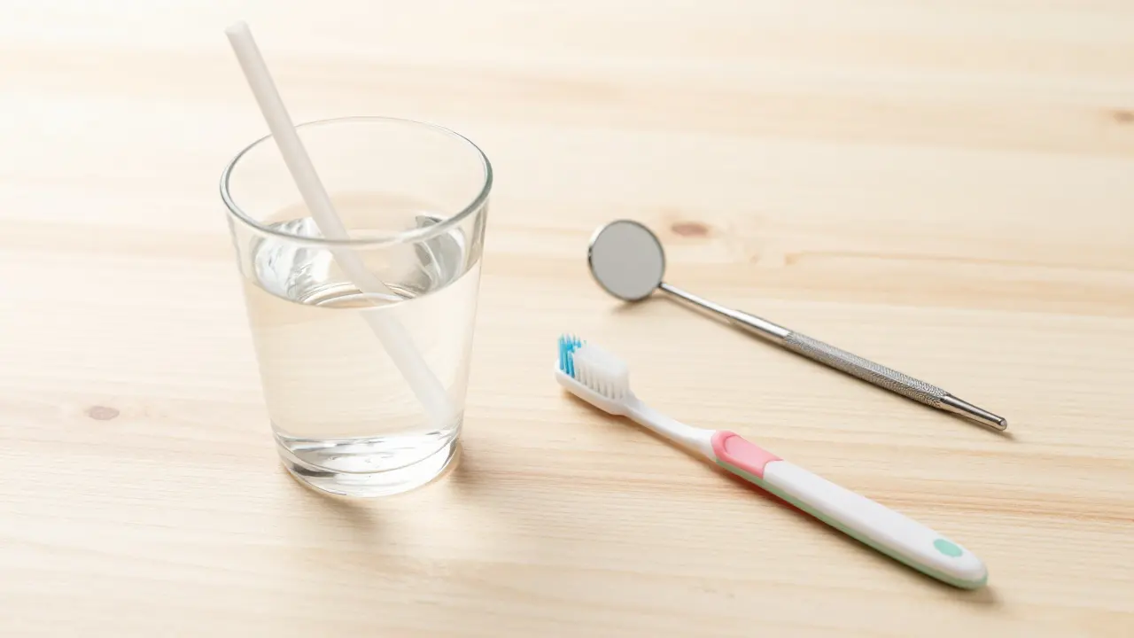 Měkký zubní kartáček, sklenice s brčkem a dentální zrcátko.