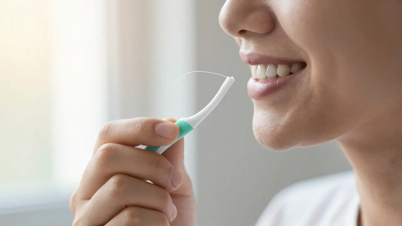 Mezizubní kartáček a nit jako pomůcky pro péči o zubní korunky.