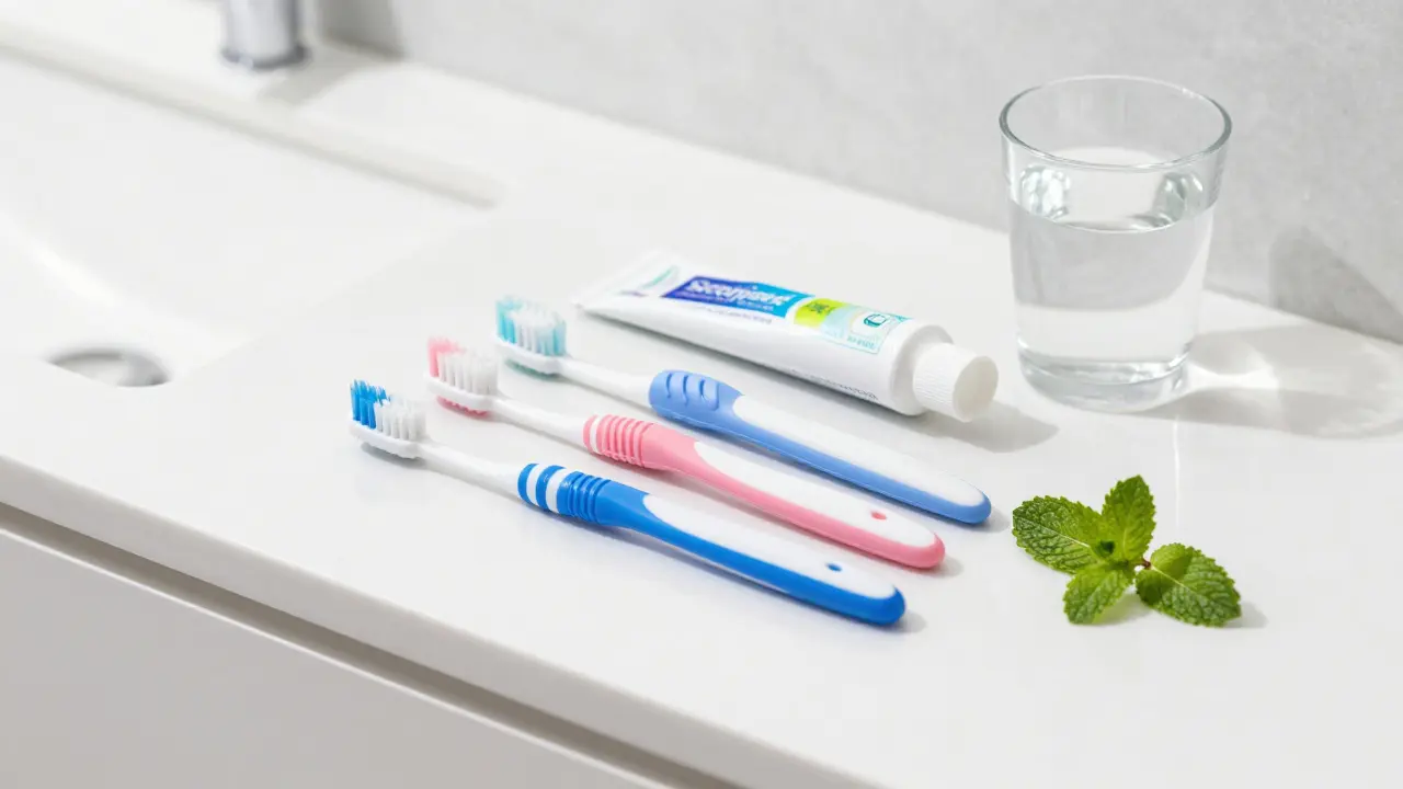 Mezizubní kartáčky a sonický kartáček na bílém mramorovém podložce.