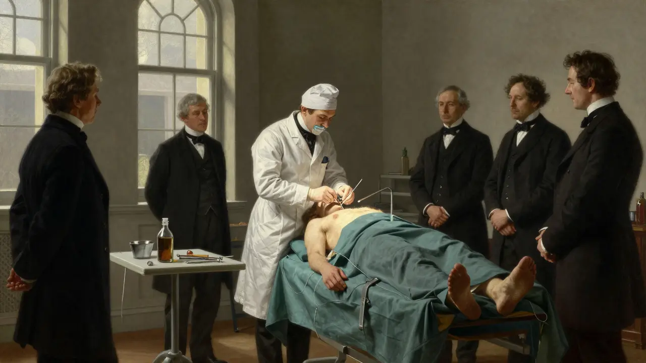 Operační sál v 19. století s použitím éteru a antisepsie