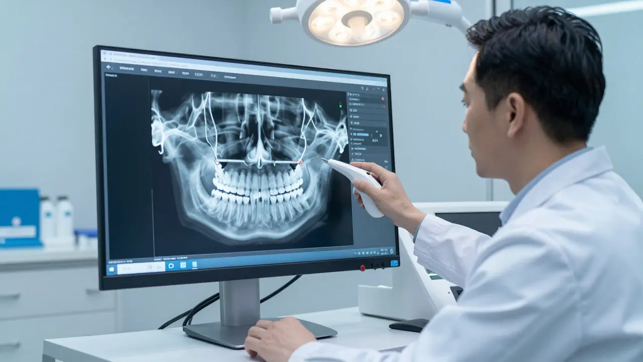 Ortodontista analyzující 3D digitální mapu čelistí na monitoru.