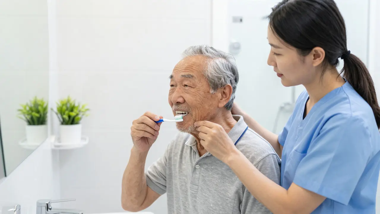 Pečující osoba pomáhá seniorovi s čištěním zubů v koupelně.