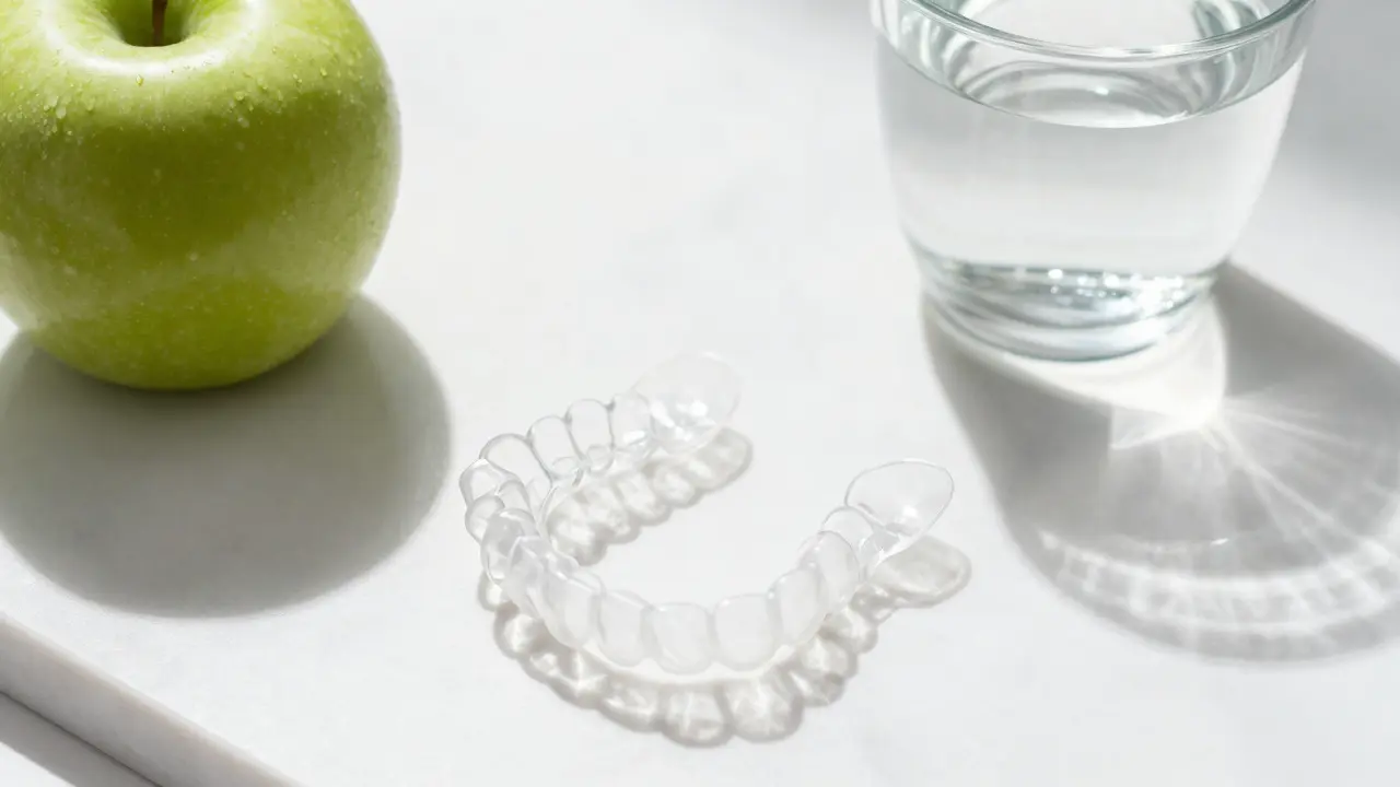 Průhledná snímací rovnátka na mramorovém povrchu vedle jablka a sklenice vody.