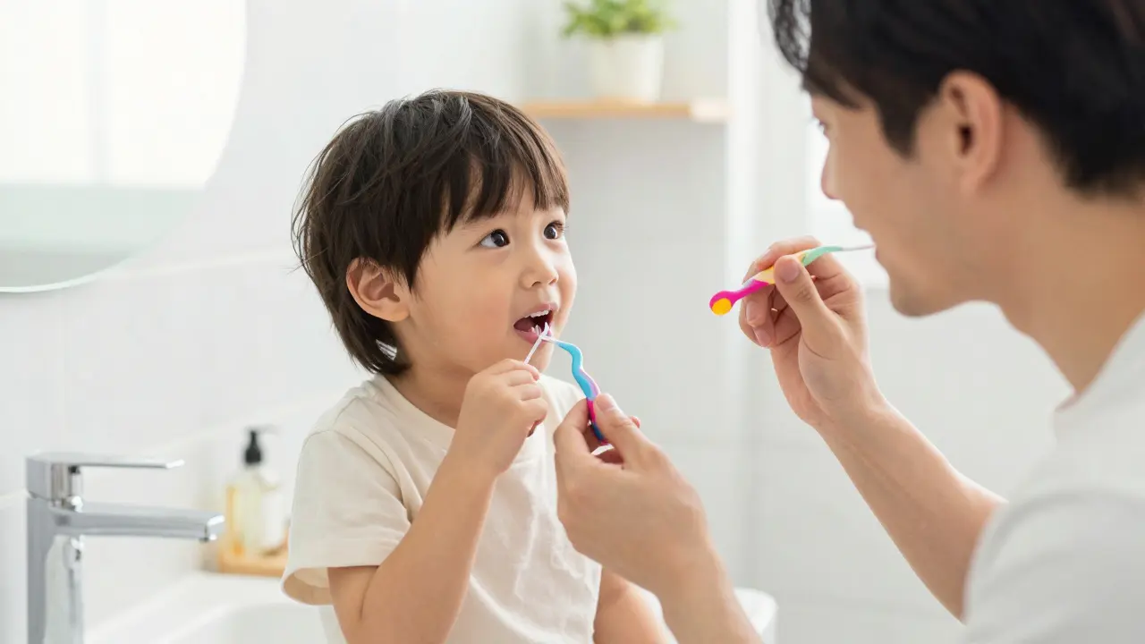 Rodič učí dítě správnému používání mezizubní nitě v koupelně.