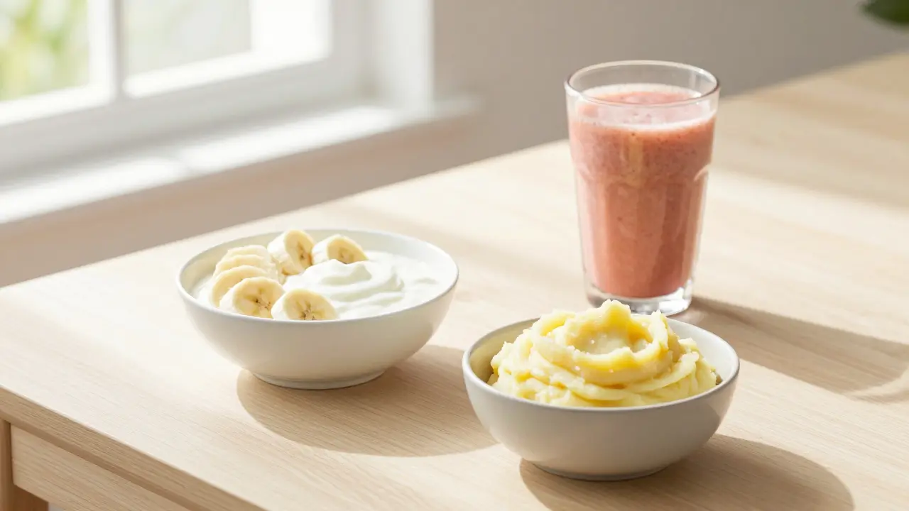 Sada měkkých potravin jako jogurt a banány vhodné pro první dny s rovnátky.