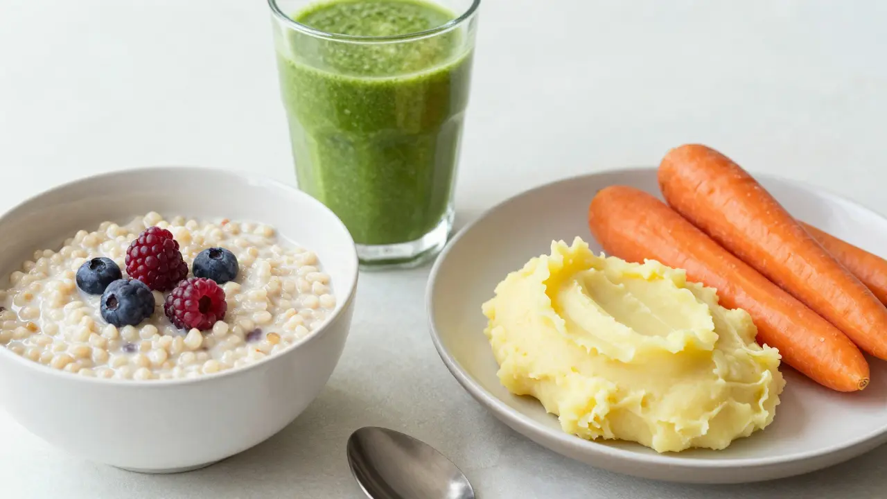 Sada měkkých potravin včetně kaše, smoothie a kašaného pomazánky.