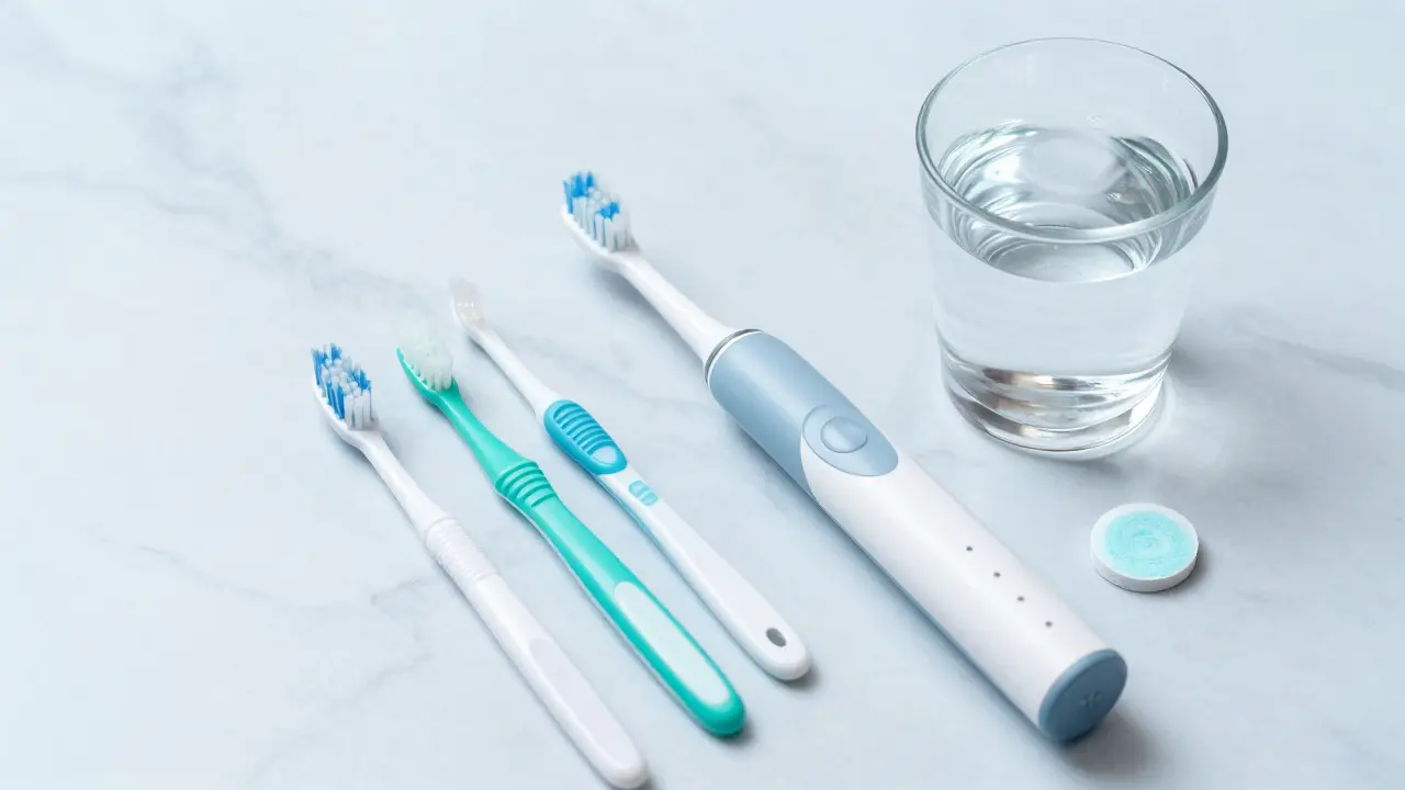 Sada pomůcek pro dentální hygienu seniorů včetně elektrického kartáčku a mezizubních kartáčků.