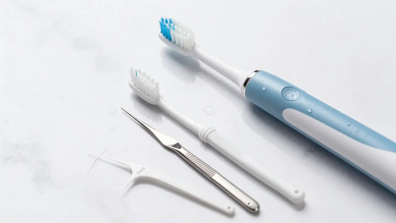 Sada pomůcek pro hygienu zubů s rovnátky, mezizubní kartáčky a nitě.